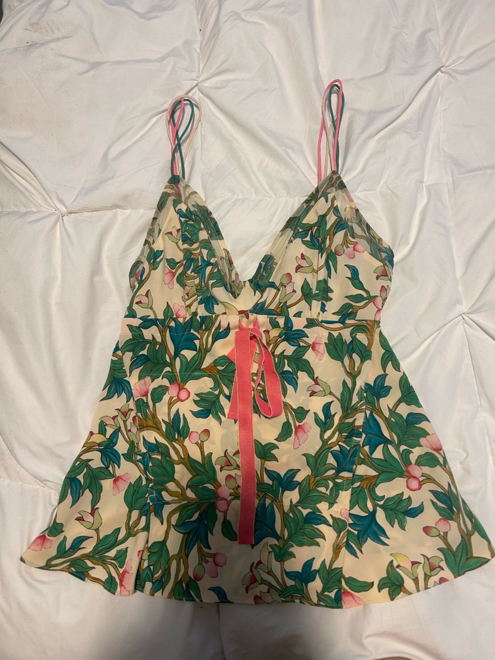 Diane Von Furstenberg Cream Floral Silk tank top with Green and Pink Accents